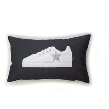 Load image into Gallery viewer, Hazeldee Home Handmade White Trainer Cushion with Silver/Clear Embellished Star on a black denim lumbar shape with real laces!  Approximately 12" x 20" (30cm x 50cm) with a zip opening.   Comes with a polycotton cushion inner.