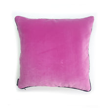 Load image into Gallery viewer, Hazeldee Home Limited Edition Handmade double-sided cushion with a bold monochrome cotton blend jacquard zebra design on one size and a vibrant fuchsia pink Italian cotton velvet on the reverse edged with a black cotton trim.     This cushion is fully reversible so you essentially get two looks in one!    Approximately 16" x 16" (40cm x 40cm) square with a concealed zip.   Comes with a polycotton lined cushion inner.  Do not wash, Dry Clean Only.