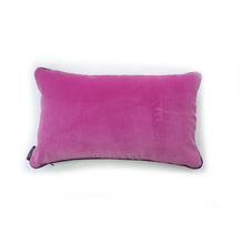 Load image into Gallery viewer, Hazeldee Home Limited Edition Handmade double-sided cushion with a bold monochrome cotton blend jacquard zebra design on one size and a vibrant fuchsia pink Italian cotton velvet on the reverse edged with a black cotton trim.     This cushion is fully reversible so you essentially get two looks in one!    Approximately 12" x 20" (30cm x 50cm) rectangle with a concealed zip.   Comes with a polycotton lined cushion inner.
