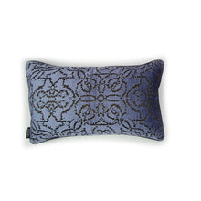 Load image into Gallery viewer, lilac velvet cushion with a textured pattern.  A Hazeldee Home Limited Edition Handmade textured lilac velvet cushion with silky grey embroidered filigree pattern and satin grey piping.    Approximately 12" x 20" (30cm x 50cm) with a concealed zip.   Comes with a polycotton lined cushion inner.  Do not wash, Dry Clean Only.