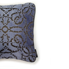 Load image into Gallery viewer, lilac velvet cushion with a textured pattern.  A Hazeldee Home Limited Edition Handmade textured lilac velvet cushion with silky grey embroidered filigree pattern and satin grey piping.    Approximately 12" x 20" (30cm x 50cm) with a concealed zip.   Comes with a polycotton lined cushion inner.  Very Peri cushion very peri homeware
