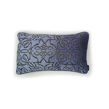 Load image into Gallery viewer, lilac velvet cushion with a textured pattern.  A Hazeldee Home Limited Edition Handmade textured lilac velvet cushion with silky grey embroidered filigree pattern and satin grey piping.    Approximately 12" x 20" (30cm x 50cm) with a concealed zip.   Comes with a polycotton lined cushion inner.  Do not wash, Dry Clean Only.