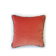 Load image into Gallery viewer, Hazeldee Home Limited Edition Handmade double-sided cushion with an intricate animal design inspired by the African Savannas featuring zebras, leopards, cheetahs, monkeys and more paired back with bold green plants and flowers on a neutral cream background.  The reverse features a vibrant coral cotton velvet and forest green cotton piping trim.     This cushion is fully reversible so you get two looks in one!    Approximately 18" x 18" (45cm x 45cm) square with a concealed zip.