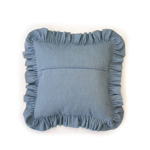 Load image into Gallery viewer, Get frills a plenty with this washed light-blue denim ruffle cushion by Hazeldee Home!  These gorgeous feminine frill cushions add a touch of softness and romance.  Considered as a feature cushion if you have a simplistic style in your home or as an accent semi-plain cushion of you are a maximalist.  They make a lovely addition to a sofa, armchair or bedroom.  The ruffles add fun, romance, drama and add that extra touch of glamour!