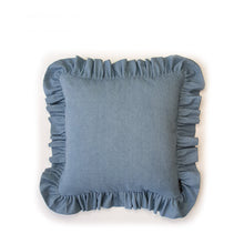 Load image into Gallery viewer, Get frills a plenty with this washed light-blue denim ruffle cushion by Hazeldee Home!  These gorgeous feminine frill cushions add a touch of softness and romance.  Considered as a feature cushion if you have a simplistic style in your home or as an accent semi-plain cushion of you are a maximalist.  They make a lovely addition to a sofa, armchair or bedroom.  The ruffles add fun, romance, drama and add that extra touch of glamour!