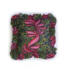 Load image into Gallery viewer, Get frills a plenty with this bold African print ruffle cushion by Hazeldee Home!  These gorgeous frill cushions add a bold splash of colour and vibrancy.  The pink, red, yellow and green swirls are beautifully contrasted against the black base.  A fabulous feature cushion that will make your space sing!