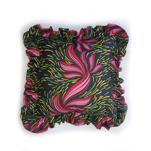 Load image into Gallery viewer, Get frills a plenty with this bold African print ruffle cushion by Hazeldee Home!  These gorgeous frill cushions add a bold splash of colour and vibrancy.  The pink, red, yellow and green swirls are beautifully contrasted against the black base.  A fabulous feature cushion that will make your space sing!