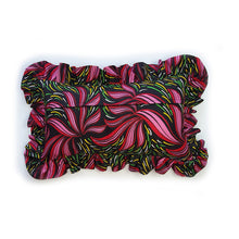 Load image into Gallery viewer, Get frills a plenty with this bold African print ruffle cushion by Hazeldee Home!  These gorgeous frill cushions add a bold splash of colour and vibrancy.  The pink, red, yellow and green swirls are beautifully contrasted against the black base.  A fabulous feature cushion that will make your space sing!
