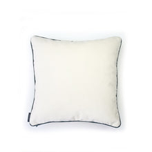 Load image into Gallery viewer, Hazeldee Home Limited Edition Handmade double-sided cushion with an intricate animal design inspired by the African Savannas featuring zebras, leopards, cheetahs, monkeys and more paired back with bold green plants and flowers on a neutral cream background.   The reverse features a tonal cream cotton velvet and forest green cotton piping trim.   This cushion is fully reversible so you get two looks in one!    Approximately 16" x 16" (40cm x 40cm) square with a concealed zip.