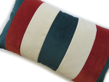 Load image into Gallery viewer, Hazeldee Home Handmade cotton Italian velvet striped rectangle cushion.  A regular stripe lumbar cushion with influences taken from the delightful coast.  Forest green, rust and off-white velvet stripes that have a beautiful geometric aesthetic.  A great addition to minimalist décor, a fantastic way to introduce colour and an accompaniment to a maximalist interior.   Great by itself or paired with cushions from the Accent Collection, this style truly makes a statement!