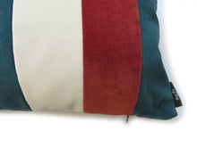 Load image into Gallery viewer, Hazeldee Home Handmade cotton Italian velvet striped rectangle cushion.  A regular stripe lumbar cushion with influences taken from the delightful coast.  Forest green, rust and off-white velvet stripes that have a beautiful geometric aesthetic.  A great addition to minimalist décor, a fantastic way to introduce colour and an accompaniment to a maximalist interior.   Great by itself or paired with cushions from the Accent Collection, this style truly makes a statement!