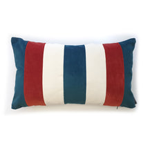Load image into Gallery viewer, Hazeldee Home Handmade cotton Italian velvet striped rectangle cushion.  A regular stripe lumbar cushion with influences taken from the delightful coast.  Forest green, rust and off-white velvet stripes that have a beautiful geometric aesthetic.  A great addition to minimalist décor, a fantastic way to introduce colour and an accompaniment to a maximalist interior.   Great by itself or paired with cushions from the Accent Collection, this style truly makes a statement!