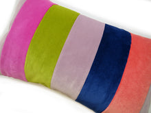 Load image into Gallery viewer, Hazeldee Home Handmade cotton Italian velvet striped rectangle cushion.  A bold diagonal stripe lumbar cushion with influences taken from the coast.  Rich rust paired with navy velvet stripes that have a beautiful geometric aesthetic.  A great addition to minimalist décor, a fantastic way to introduce colour and an accompaniment to a maximalist interior.   Great by itself or paired with cushions from the Accent Collection, this style truly makes a statement!