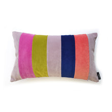 Load image into Gallery viewer, Hazeldee Home Handmade cotton Italian velvet striped rectangle cushion.  A bold diagonal stripe lumbar cushion with influences taken from the coast.  Rich rust paired with navy velvet stripes that have a beautiful geometric aesthetic.  A great addition to minimalist décor, a fantastic way to introduce colour and an accompaniment to a maximalist interior.   Great by itself or paired with cushions from the Accent Collection, this style truly makes a statement!