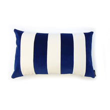Load image into Gallery viewer, Hazeldee Home A regular stripe lumbar cushion with influences taken from the delightful coast.  Cobalt and off white velvet stripes that have a beautiful geometric aesthetic.  A great addition to minimalist décor, a fantastic way to introduce colour and an accompaniment to a maximalist interior.   Great by itself or paired with cushions from the Accent Collection, this style truly makes a statement!