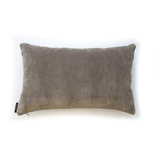 Load image into Gallery viewer, A regular stripe lumbar cushion with influences taken from the delightful coast.  Mocha and off white velvet stripes that have a beautiful geometric aesthetic.  A great addition to minimalist décor, a fantastic way to introduce colour and an accompaniment to a maximalist interior.   Great by itself or paired with cushions from the Accent Collection, this style truly makes a statement!
