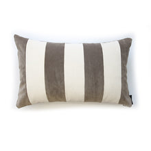 Load image into Gallery viewer, A regular stripe lumbar cushion with influences taken from the delightful coast.  Mocha and off white velvet stripes that have a beautiful geometric aesthetic.  A great addition to minimalist décor, a fantastic way to introduce colour and an accompaniment to a maximalist interior.   Great by itself or paired with cushions from the Accent Collection, this style truly makes a statement!