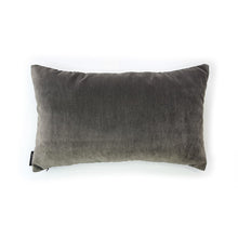 Load image into Gallery viewer, Hazeldee Home Handmade cotton Italian velvet striped rectangle cushion.  A bold stripe lumbar cushion with influences taken from the coast.  Luxurious warm Charcoal Grey paired with tonal light grey velvet stripes that have a beautiful geometric aesthetic.  A great addition to minimalist décor, a fantastic way to introduce colour and an accompaniment to a maximalist interior.   Great by itself or paired with cushions from the Accent Collection, this style truly makes a statement!