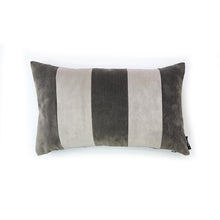 Load image into Gallery viewer, Hazeldee Home Handmade cotton Italian velvet striped rectangle cushion.  A bold stripe lumbar cushion with influences taken from the coast.  Luxurious warm Charcoal Grey paired with tonal light grey velvet stripes that have a beautiful geometric aesthetic.  A great addition to minimalist décor, a fantastic way to introduce colour and an accompaniment to a maximalist interior.   Great by itself or paired with cushions from the Accent Collection, this style truly makes a statement!