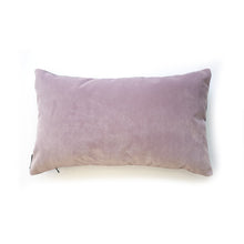 Load image into Gallery viewer, Hazeldee Home Handmade cotton Italian velvet striped rectangle cushion.  A bold diagonal stripe lumbar cushion with influences taken from the coast.  A play on pastels with lilac and grey velvet stripes that have a beautiful geometric aesthetic.  A great addition to minimalist décor, a fantastic way to introduce colour and an accompaniment to a maximalist interior.   Great by itself or paired with cushions from the Accent Collection, this style truly makes a statement!