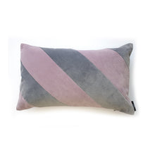 Load image into Gallery viewer, Hazeldee Home Handmade cotton Italian velvet striped rectangle cushion.  A bold diagonal stripe lumbar cushion with influences taken from the coast.  A play on pastels with lilac and grey velvet stripes that have a beautiful geometric aesthetic.  A great addition to minimalist décor, a fantastic way to introduce colour and an accompaniment to a maximalist interior.   Great by itself or paired with cushions from the Accent Collection, this style truly makes a statement!
