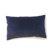 Load image into Gallery viewer, Hazeldee Home Handmade cotton Italian velvet striped rectangle cushion.  A bold diagonal stripe lumbar cushion with influences taken from the coast.  Rich rust paired with navy velvet stripes that have a beautiful geometric aesthetic.  A great addition to minimalist décor, a fantastic way to introduce colour and an accompaniment to a maximalist interior.   Great by itself or paired with cushions from the Accent Collection, this style truly makes a statement!