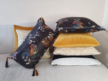 Load image into Gallery viewer, Hazeldee Home Handmade black based oriental print silky satin cushion with contrast silky hand-sewn rope edge. One of the original styles created by Hazeldee Home. A stunning addition to any sofa or bed. The smooth silky texture adds a boudoir like feel to any space. Approximately 18" x 18" (45cm x 45cm) square with a Concealed zip. . Comes with a polycotton hollow fibre cushion inner.