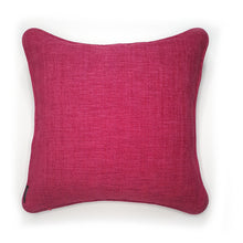Load image into Gallery viewer, Hazeldee Home One-of-a-kind, Limited Edition handmade conversational, abstract, impression cotton/wool blend jacquard cushion with contrast piped edge and contrast textured fuchsia flip side, making this cushion fully reversible!  Approximately 16" x 16" (40cm x 40cm) square with a concealed zip.
