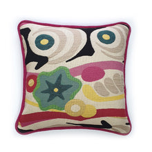 Load image into Gallery viewer, Hazeldee Home One-of-a-kind, Limited Edition handmade conversational, abstract, impression cotton/wool blend jacquard cushion with contrast piped edge and contrast textured fuchsia flip side, making this cushion fully reversible!  Approximately 16" x 16" (40cm x 40cm) square with a concealed zip.