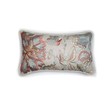 Load image into Gallery viewer, A Hazeldee Home one-of-a-kind Limited Edition Handmade double-sided cushion using Colefax and Fowler Sumela embroidered fabric on one side and Linwood velvet on the reverse.  Colefax and Flowler Sumela heavily embroidered Fabric follows an organic theme with a contemporary twist on a foliage design. The bold yet muted colourings reflect the informal nature of this embroidery design.  65% linen, 35% viscose on one side 100% cotton velvet on the reverse.