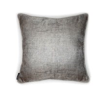 Load image into Gallery viewer, Hazeldee Home Limited Edition Handmade double-sided silver grey cushion using two luxurious silk blend Sahco fabrics.  A bold and mesmerising jacquard organic tentril swirl design that has a three dimensional effect on one side and a shimmering iridescent silk linen semi-plain fabric on the reverse, edged with the same semi plain fabric.   Approximately 18" x 18" (45cm x 45cm) square with a concealed zip.