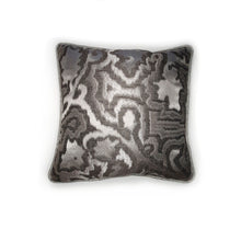 Load image into Gallery viewer, Hazeldee Home Limited Edition Handmade double-sided silver grey cushion using two luxurious silk blend Sahco fabrics.  A bold and mesmerising jacquard organic tentril swirl design that has a three dimensional effect on one side and a shimmering iridescent silk linen semi-plain fabric on the reverse, edged with the same semi plain fabric.   Approximately 18" x 18" (45cm x 45cm) square with a concealed zip.