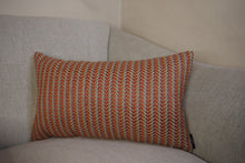 Load image into Gallery viewer, Hazeldee Home multicoloured stripe lumbar cushion using a beautifully heavy woven fabric with a herringbone detail on a neutral base.  A multicoloured stripe on the front - An off-white textured Italian cotton velvet on the reverse.  This cushion has a wonderfully homely feel to it.  The texture gives dimension and depth and is bold yet neutral due to its neutral undertone.  Approximately 12" x 20" (30cm x 50cm) with a concealed zip.  Comes with a polycotton lined cushion inner.