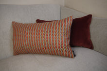 Load image into Gallery viewer, Hazeldee Home multicoloured stripe lumbar cushion using a beautifully heavy woven fabric with a herringbone detail on a neutral base.  A multicoloured stripe on the front - An off-white textured Italian cotton velvet on the reverse.  This cushion has a wonderfully homely feel to it.  The texture gives dimension and depth and is bold yet neutral due to its neutral undertone.  Approximately 12" x 20" (30cm x 50cm) with a concealed zip.  Comes with a polycotton lined cushion inner.