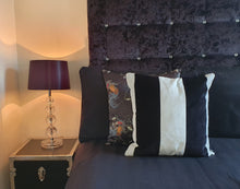 Load image into Gallery viewer, Hazeldee Home Handmade black based oriental print silky satin cushion with contrast silky hand-sewn rope edge. One of the original styles created by Hazeldee Home. A stunning addition to any sofa or bed. The smooth silky texture adds a boudoir like feel to any space. Approximately 18" x 18" (45cm x 45cm) square with a Concealed zip. . Comes with a polycotton hollow fibre cushion inner.