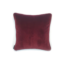 Load image into Gallery viewer, Hazeldee Home handmade double-sided cushion with a decadent silky black winter floral jacquard on one side and rich Italian velvet in burgundy on the reverse, edged with a contrasting burgundy satin.   Approximately 16" x 16" (40cm x 40cm) square with a concealed zip.