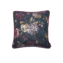 Load image into Gallery viewer, Hazeldee Home handmade double-sided cushion with a decadent silky black winter floral jacquard on one side and rich Italian velvet in burgundy on the reverse, edged with a contrasting burgundy satin.   Approximately 16" x 16" (40cm x 40cm) square with a concealed zip.