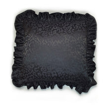 Load image into Gallery viewer, Hazeldee Home handmade black leopard jacquard design cushion with a fancy ruffle edge.  Perfect for living rooms and bedrooms alike.  A classy take on leopard that acts as a semi-plain print with silky and mat jacquard.  The ruffles add fun, romance and add that extra touch of glamour!  Approximately 18" x 18" (45cm x 45cm) excluding the with a concealed zip.