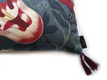 Load image into Gallery viewer, Hazeldee Home Handmade botanical green based wild flower floral print cotton cushion with Hazeldee Home's trademark contrast silky double tassels detailing.   Inspired by European botanical gardens, this floral print features playfully bold wild flowers with other wildlife in the form of whimsical butterflies berries and tree branches detailed within the print.  A truly enchanting design.