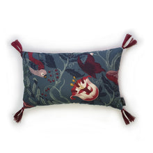 Load image into Gallery viewer, Hazeldee Home Handmade botanical green based wild flower floral print cotton cushion with Hazeldee Home's trademark contrast silky double tassels detailing.   Inspired by European botanical gardens, this floral print features playfully bold wild flowers with other wildlife in the form of whimsical butterflies berries and tree branches detailed within the print.  A truly enchanting design.