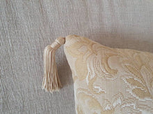 Load image into Gallery viewer, Hazeldee Home Handmade paisley brocade bolster rectangular cushion with bold silky tassels. An intricate woven paisley teardrop design with a beautiful selection of matte and silky threads to create a textural design that subtly captures the light. The finished look has both a classic and contemporary feel. Approximately 12" x 20" (30cm x 50cm) with a concealed zip.   Comes with a polycotton hollowfibre cushion inner. Matching and coordinating items available in the Hazeldee Home Heritage Collection.