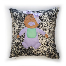 Load image into Gallery viewer, Hazeldee Home Handmade Munchkin Baby cushion on a monochrome floral base. The Munchkin Babies are an extension of the Munchkin Collection and are a great baby shower gift to welcome a new born baby to the world! They are a fantastic addition to a nursey or playroom. Approximately 16" x 16" (40cm x 40cm) with a zip at the base. Comes with a polycotton cushion inner. Each Hazeldee Home Munchkin Character Cushion comes with a numbered Certificate of Authenticity. Please note THIS IS NOT A TOY.