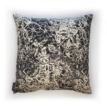 Load image into Gallery viewer, Hazeldee Home Handmade Munchkin Baby cushion on a monochrome floral base. The Munchkin Babies are an extension of the Munchkin Collection and are a great baby shower gift to welcome a new born baby to the world! They are a fantastic addition to a nursey or playroom. Approximately 16" x 16" (40cm x 40cm) with a zip at the base. Comes with a polycotton cushion inner. Each Hazeldee Home Munchkin Character Cushion comes with a numbered Certificate of Authenticity. Please note THIS IS NOT A TOY.