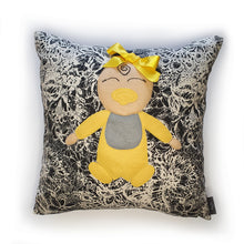 Load image into Gallery viewer, Hazeldee Home Handmade Munchkin Baby cushion on a monochrome floral base. The Munchkin Babies are an extension of the Munchkin Collection and are a great baby shower gift to welcome a new born baby to the world! They are a fantastic addition to a nursey or playroom. Approximately 16" x 16" (40cm x 40cm) with a zip at the base. Comes with a polycotton cushion inner. Each Hazeldee Home Munchkin Character Cushion comes with a numbered Certificate of Authenticity. Please note THIS IS NOT A TOY.