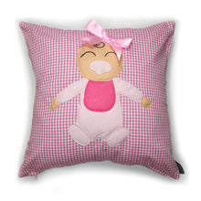 Load image into Gallery viewer, Hazeldee Home Handmade Munchkin Baby cushion on a pink gingham base. The Munchkin Babies are an extension of the Munchkin Collection and are a great baby shower gift to welcome a new born baby to the world! They are a fantastic addition to a nursey or playroom. Approximately 16" x 16" (40cm x 40cm) with a zip at the base. Comes with a polycotton cushion inner. Please note THIS IS NOT A TOY.