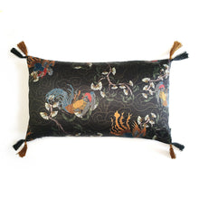 Load image into Gallery viewer, Hazeldee Home Handmade black based oriental print silky satin cushion with contrast silky double tassels. One of the original styles created by Hazeldee Home. A stunning addition to any sofa or bed. The smooth silky texture adds a boudoir like feel to any space. Approximately 12" x 20" (30cm x 50cm) with a concealed zip. Comes with a polycotton cushion inner. Matching and coordinating items available in the Hazeldee Home Heritage Collection.