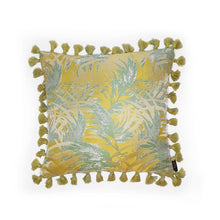 Load image into Gallery viewer, Hazeldee Home Handmade palm jacquard cushion with contrast tassel trim. This striking yellow and green silky palm jacquard design is fresh and vibrant and a great colour vehicle paired with a fun tassel trim that adds movement and individuality. Approximately 16" x 16" (40cm x 40cm) square with a concealed zip. Do not wash, Dry Clean Only. Matching items available