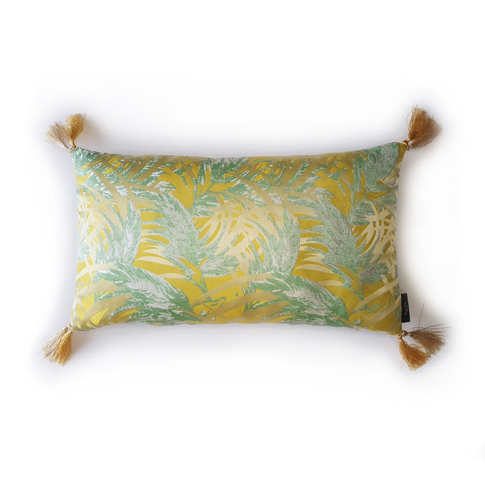 Hazeldee Home Handmade palm jacquard cushion with contrast silky double tassels.  This striking yellow and green silky palm jacquard design is fresh and vibrant and a great colour vehicle paired with Hazeldee Home's signature double tassels that add movement and individuality.  Approximately 12