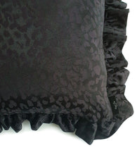 Load image into Gallery viewer, Hazeldee Home handmade black leopard jacquard design cushion with a fancy ruffle edge.  Perfect for living rooms and bedrooms alike.  A classy take on leopard that acts as a semi-plain print with silky and mat jacquard.  The ruffles add fun, romance and add that extra touch of glamour!  Approximately 18" x 18" (45cm x 45cm) excluding the with a concealed zip.