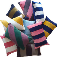 Load image into Gallery viewer, NAVY AND YELLOW BOLD STRIPE VELVET CUSHION
